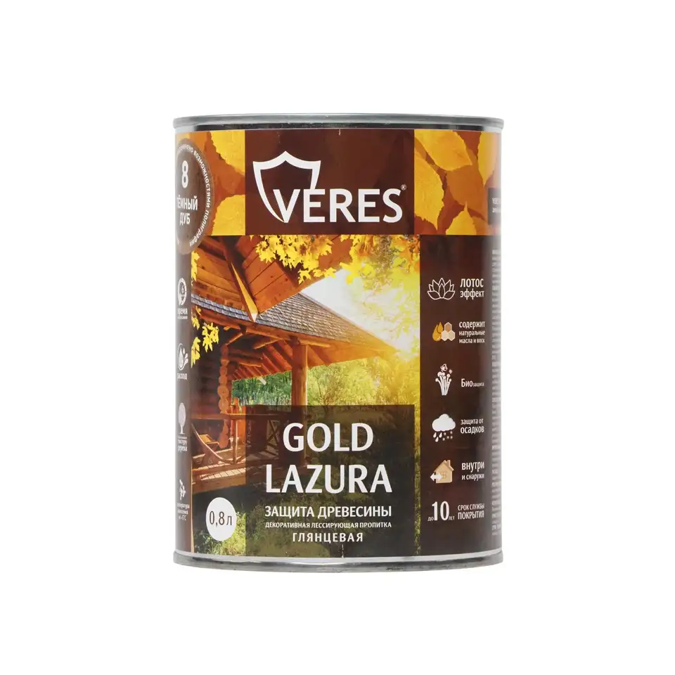 Декоративная пропитка для дерева Верес Gold №8 VG-13, глянцевая, 0,8 л, дуб темный — фото 1 Декоративная пропитка для дерева Верес Gold №8 VG-13, глянцевая, 0,8 л, дуб темный — фото 1