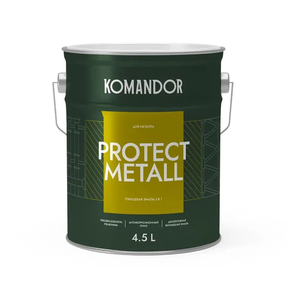 Грунт-эмаль по ржавчине 3 в 1 Komandor Protect Metall, глянцевая, база А, белая, 4,5 л — фото 1