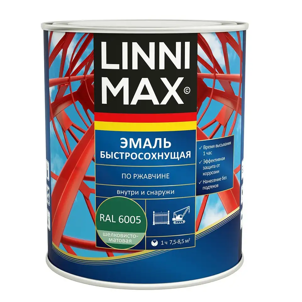 Грунт-эмаль по ржавчине Linnimax, быстросохнущая, 0,75 л, RAL 6005, зеленая — фото 1
