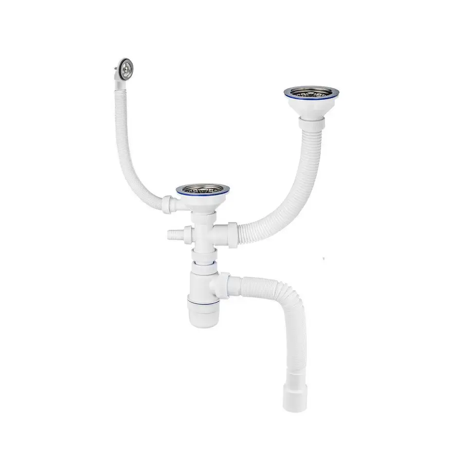 Сифон двойной VIRPlast Элит, 3 1/2" x 40, с отводом, с нержавеющими чашками, с переливом, 800 мм — фото 1 Сифон двойной VIRPlast Элит, 3 1/2" x 40, с отводом, с нержавеющими чашками, с переливом, 800 мм — фото 1