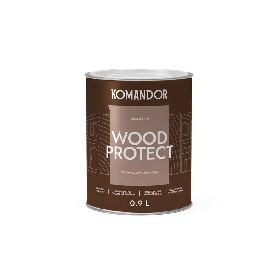 Антисептик для дерева Komandor Wood Protect, лессирующий, база С, бесцветный, 0,9 л — фото 1