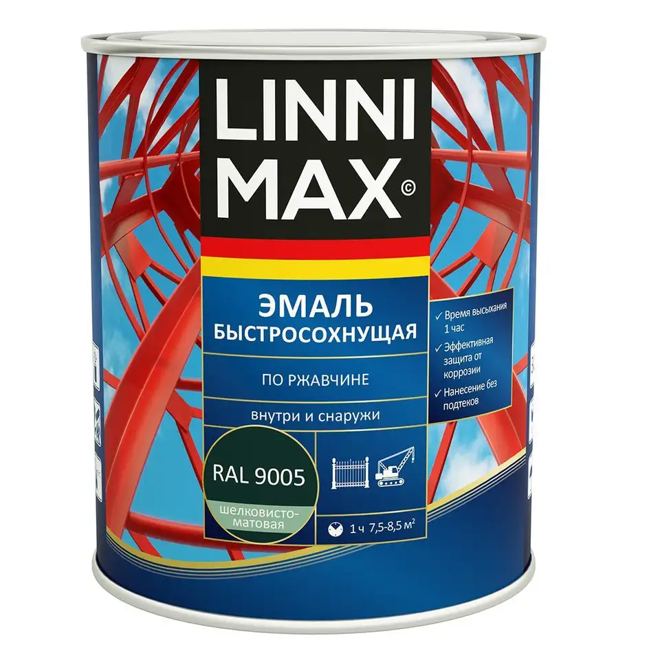 Грунт-эмаль по ржавчине Linnimax, быстросохнущая, 0,75 л, RAL 9005, черная — фото 1
