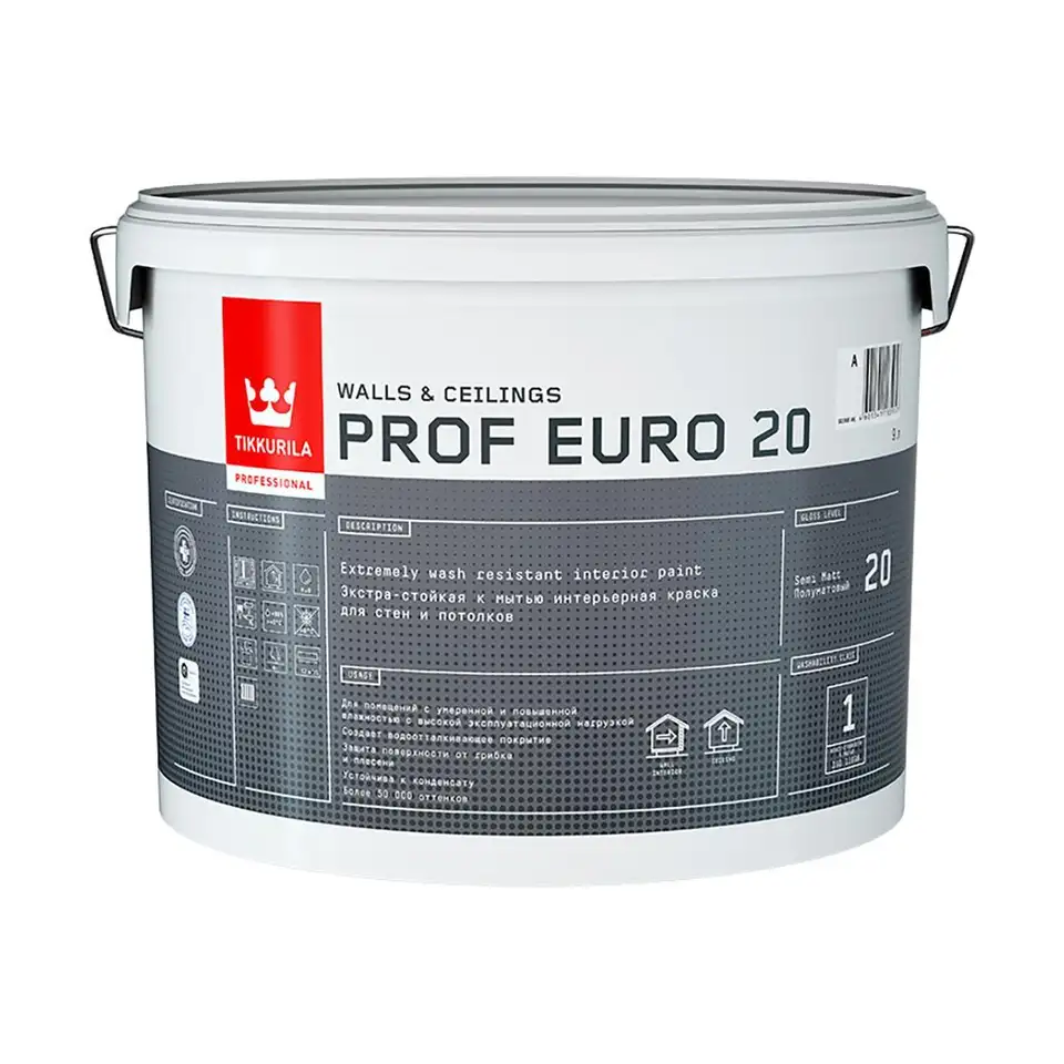 Краска для влажных помещений Tikkurila Prof Euro 20 (Проф Евро 20), 9 л, белая, база A — фото 1